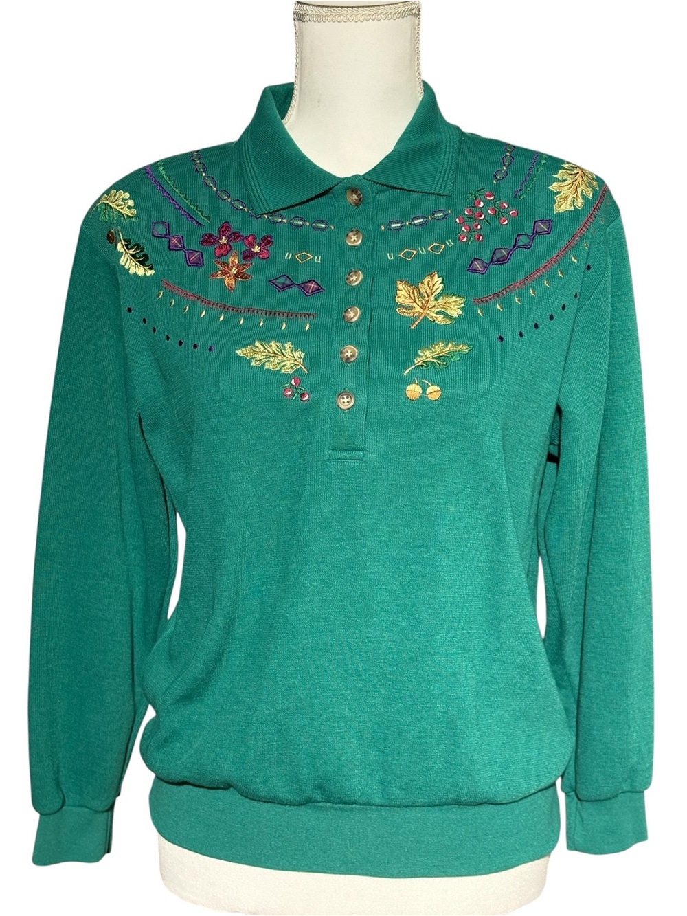 Vintage Koret Petites Green Embroidered Autumn Leaf Polo Sweatshirt Size Petite